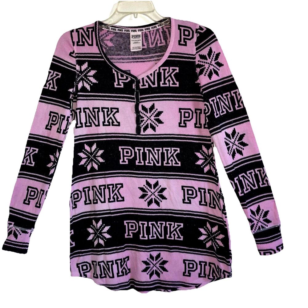 VICTORIA'S SECRET XS PINK Logo Cotton Knit Long Sleeve Henley Top Henley Black